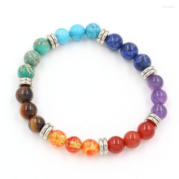 Strand Silver banhado colorido 8 mm Mertes redondos braceletas elásticas azuis Chakra Chakra Chakra Inspiration Jóias