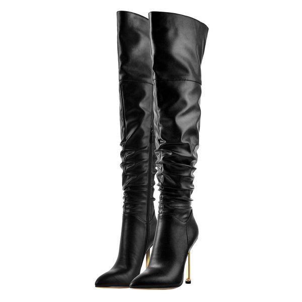 Женские ботинки кожа 2024 Martin gulge toe gold High Heels Knight High-High Boots Boнет