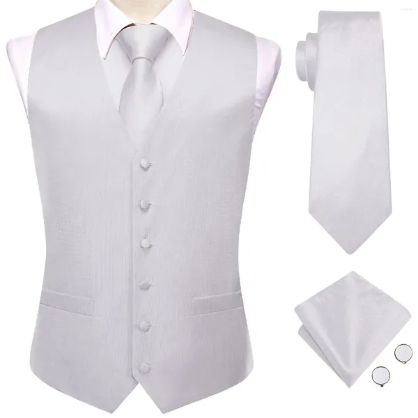 Coletes masculinos prateados brancos homens luxo seda sólida gravata lenço abotoaduras sem mangas terno colete conjunto designer de negócios hi-tie