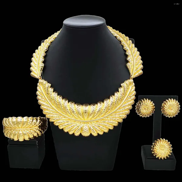 Conjunto de brincos de colar grande estilo italiano feminino banhado a ouro anel de pulseira de casamento