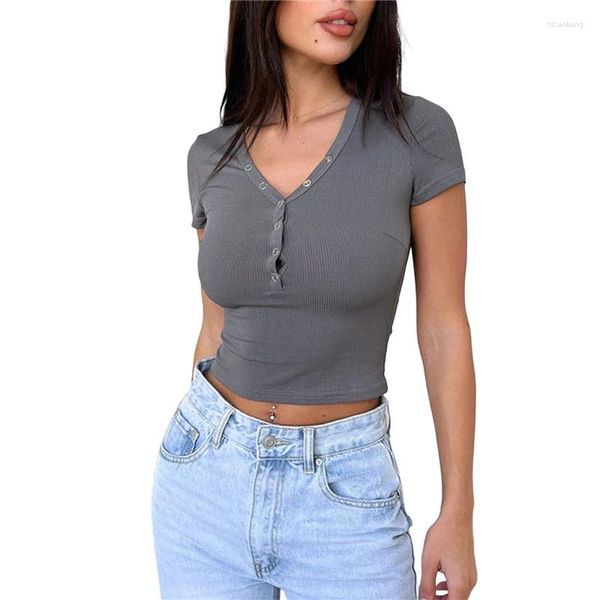 Canotte da donna Xingqing Crop Top a coste per le donne Y2k Abbigliamento Tinta unita Scollo a V Manica corta Maglietta Casual T-shirt per bambini 2000s Vestiti