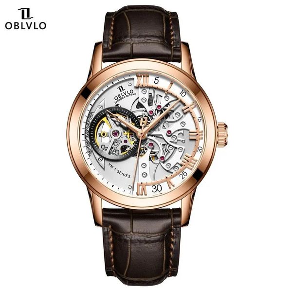 Orologi da polso Oblvlo France Band Retro For Mens Watch Scheletro Orologio da polso meccanico automatico Acciaio cavo Vetro zaffiro Impermeabile 231110