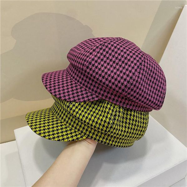 Berets 202303-2508804 Ins Drop Spring Japan Color Plaid Houndstooth Octagonal Hat Men Women Visors Cap