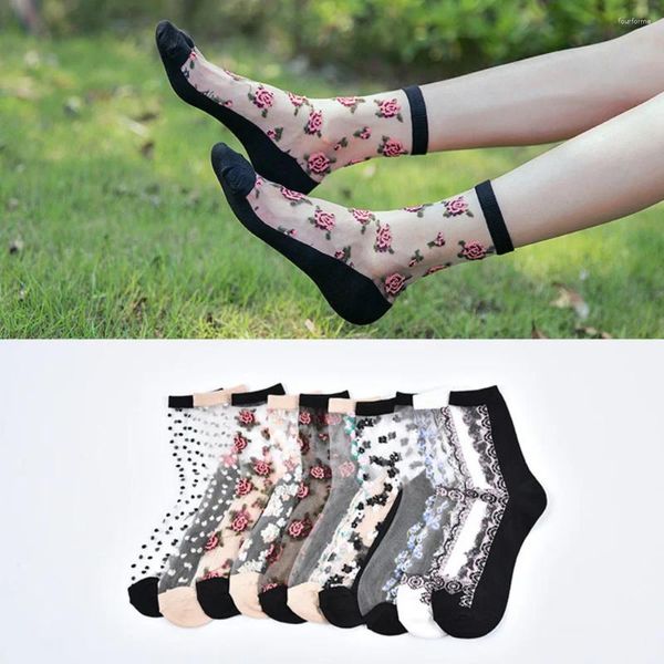 Calcetines de mujer sexis de rejilla con encaje y volantes suaves y cómodos de seda transparente elásticos de malla de punto con volantes transparentes hasta el tobillo divertidos 1 par 2 uds BL01