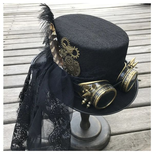 Cappelli a tesa larga Secchiello Moda Donna Fatto a mano Steampunk Cappello a cilindro con occhiali e pizzo Stage Magic Party Size 57CM 231110