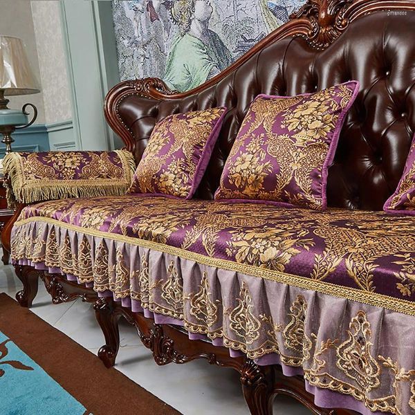 Fodere per sedie Cuscino per divano con bordo in pizzo di lusso europeo Cuscino antiscivolo con motivo floreale Fodera in tessuto jacquard Asciugamano per poltrona Fodera per la casa