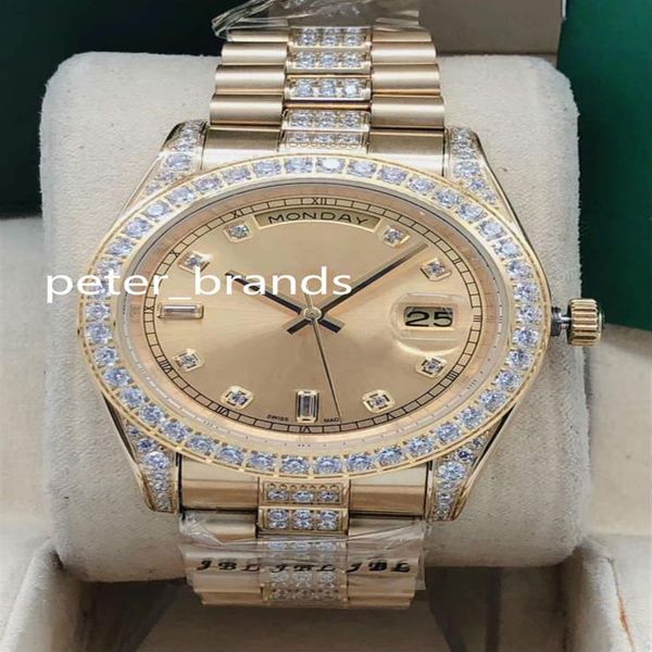 Chegam novas relógios automáticos masculinos 41mm caixa de ouro moldura de pedras e diamantes no meio da pulseira relógios de pulso com mostrador multicolorido 2863