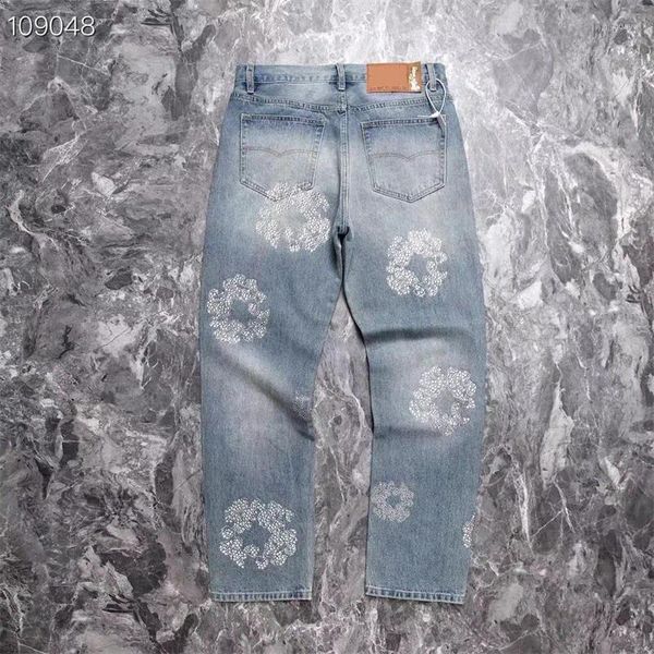 Jeans masculinos 2023 diamante incrustado kapok homens mulheres luz azul agradável lavado tecido pesado calças jeans de tamanho grande