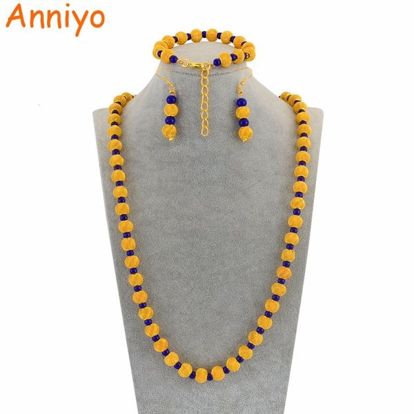 Brincos Colar Anniyo Colar de contas de 77 cm e braceletes de 23 cm de bola para mulheres African Gold Color Rosary Minchas Jóias Partem