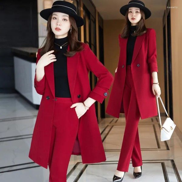 Calças femininas de duas peças HanbokThickened Algodão Vinho Vermelho Terno Casaco Outono e Inverno Business Wear Médio Longo Windbreaker