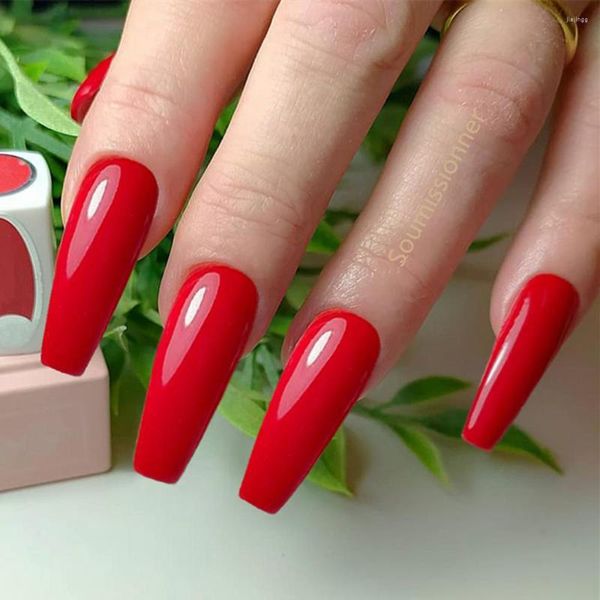 False unhas 24pcs vermelho brilhante bailarina longa caixão falso com geléia cola artificial uv gel polish superfície manicure ferramentas