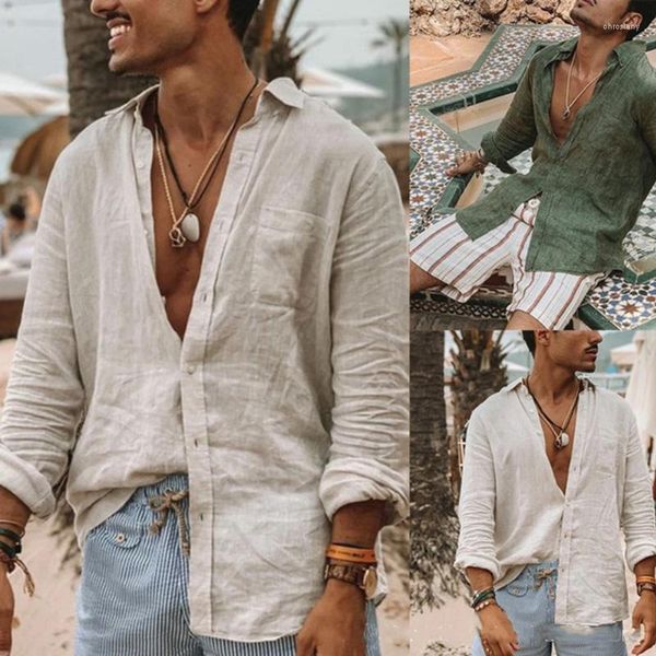 Camicie casual da uomo Comode maniche lunghe in lino di cotone da uomo Moda tinta unita Camicia da uomo primavera estate Semplice traspirante