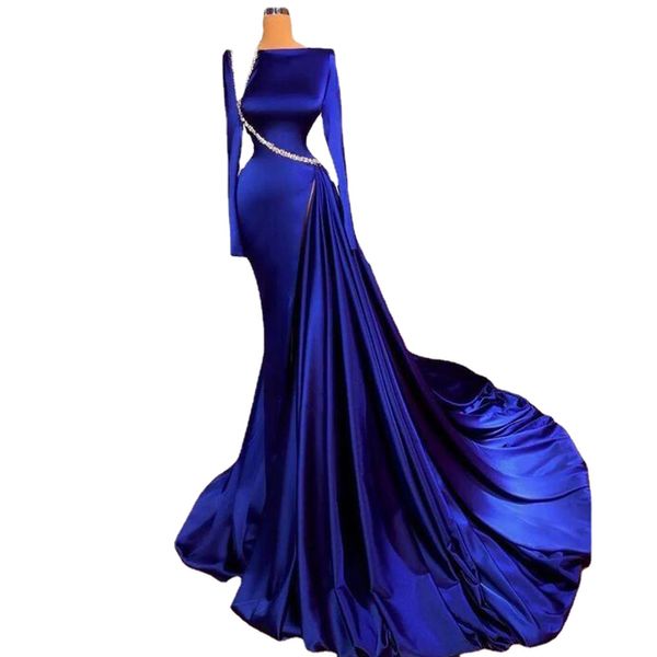 Königsblaue Ballkleider Luxus mit langen Ärmeln Meerjungfrau Abendkleid für Frauen Perlen drapiert Satin formelle Party Gwons Custom