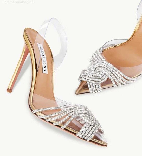 Elegante Aquazzura Gatsby Sandalen Schuhe Damen PVC Leder Slingback Spitzschuh Pumps Crystal Swirls PVC Toecaps Lady Eleagnt Walking EU35-43