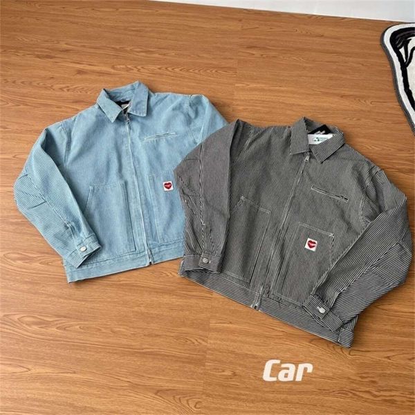 Giacca polo a righe ricamate con etichetta in denim serie Car Family Love per coppie di uomini e donne