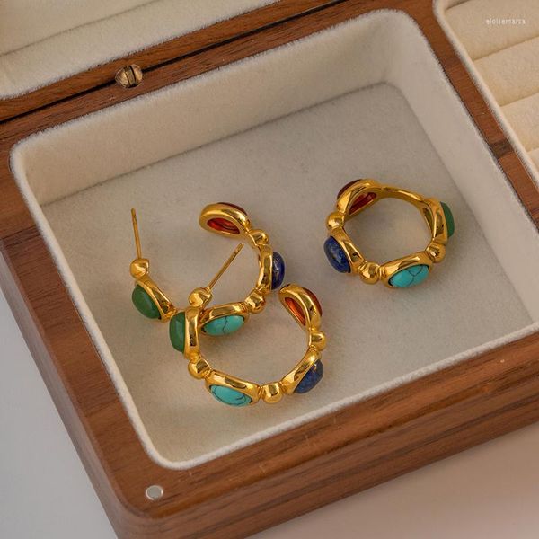 Cluster Ringe Natürlicher Edelstein Ohrring Flache Perlen Creolen Für Frauen Vintage Schmuck Edelstahl Runder Ohrring