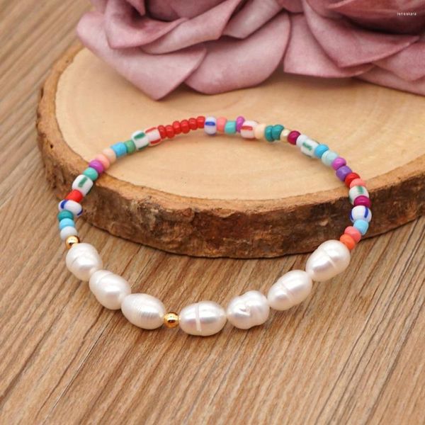 Braccialetti da donna con perline di riso colorate in stile bohémien al mare, stile barocco, con perle d'acqua dolce naturali barocche