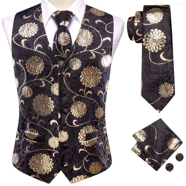 Gilet da uomo Nero Champagne Seta Cravatta floreale Fazzoletto Gemelli Abito senza maniche Gilet Set Business Designer Hi-Tie