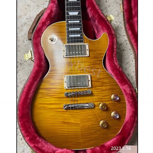 Guitarra elétrica Lemon Color Rich Flame Top Chrome Captadores de capa sem Pickguard Tune O Matic Bridge e Stop Tail Bone Nut Rosewood melhor 369