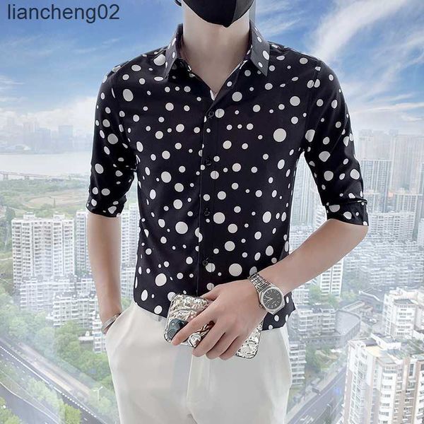 Camisas casuais masculinas 2022 Moda Polka Dot Men Shirt 3/4 Mangas Slim Casual Casual Escritório de Negócios Camisas Formais Camisetas Sociais Partema de Streetwear Tops W0410