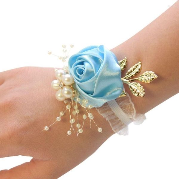 Flores decorativas Pérola Pérola Poliéster Corsage Pulseira de noiva da dama de honra