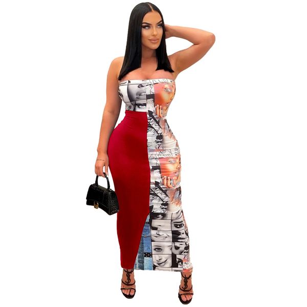 Nuovo designer senza spalline maxi abito estivo donna bellissimo backless split lungo stile partito vestito aderente donna casual stampa abiti party club wear all'ingrosso 9680