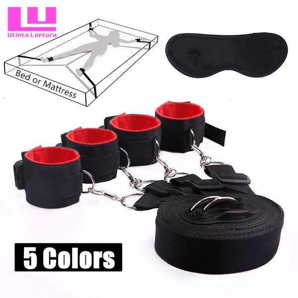 Toys de brinquedos adultos Ferramentas sexuais para BDSM Bondage Restrind S M Fetish Games Definir vibrador Handcuffs Kits de cama de tornozelo casais 230411