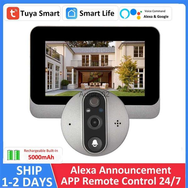 Doorbells Tuya Smart 1080p Pil Güçlü Dijital Kapı Sihirli Göz Peephol Kapı Zili Kamera Görüntüleyicisi Alexa Google Duyuru Ses Komutu YQ231111