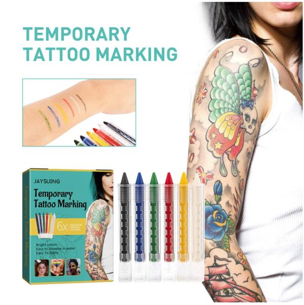 Marca do corpo Marcadores de tatuagem temporária para a pele, coleta de cores Praveada flexível Pacote de 6 contagens de cores variadas, seguro para a pele