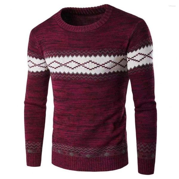 Suéter masculino de algodão de malha respirável, estampa geométrica, estilo étnico, quente, slim fit, pulôver para outono/inverno