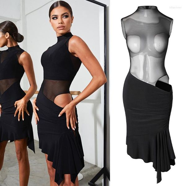 Stage Wear Unregelmäßiges Mesh-Ausschnitt Latin Dance Dress Sexy Black Sleeveless Competition Kostüme Kleider Salsa SL7269