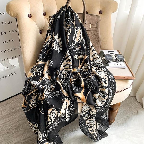 Schals 2023 Frauen Sommer Mode Seidenschal Schwarz Cashew Blumen Schals Und Wraps Bandana Pashminas Dame Hijab Foulard Stirnband 180 90Cm