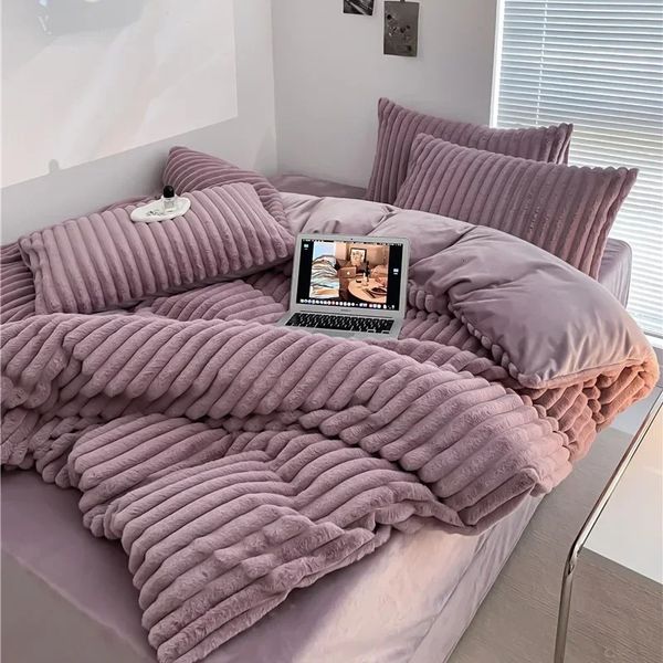 Conjuntos de cama Soft Rabbit Velvet Plush Duvet Cover Set com Bed Sheet Pillow Covers Peludo Inverno Super Quente Luxo Leite Fleece Bedding Set 231110