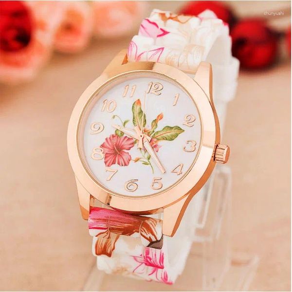 Armbanduhren Damenuhr Mode Silikon Gedruckt Blume Quarz Handgelenk Exquisite Legierung Zifferblatt Damen Mädchen Kleid Relogios feminino