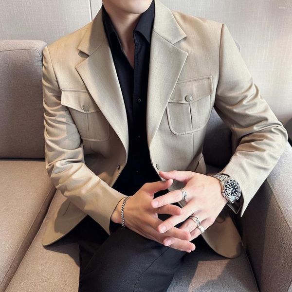 Ternos masculinos moda botão duplo bolso decoração design blazer casaco masculino 2023 formal negócios escritório vestido de casamento terno jaqueta smoking