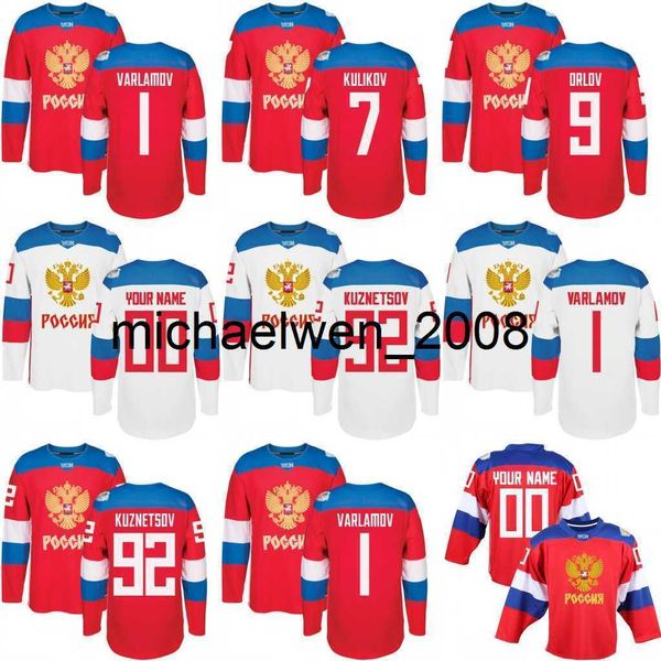 Weng 2016 Copa do Mundo Seleção Russa Camisas de Hóquei Masculino 9 Orlov 7 Kulikov 1 Varlamov 92 Kuznetson WCH 100% Camisa Costurada Qualquer Nome e Número