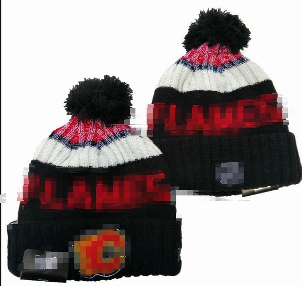 Bonés masculinos Flames Beanies Calgary Beanie Hats Todas as 32 equipes de malha com punhos Pom listrado lateral lã quente EUA College Sport Knit Hat Hockey Cap para mulheres A