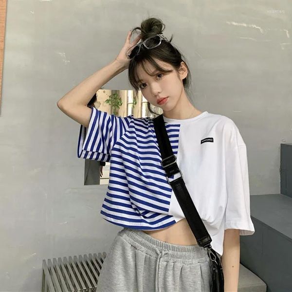 Kadınlar Tişörtler Mahsul Üstleri Kadınlar için Kırpılmış T-Shirt Seksi Yaz Çizgili Gevşek Kadınların Zarif Bluzları Sevimli Şeyler Kore Sokak Giyim Y2K