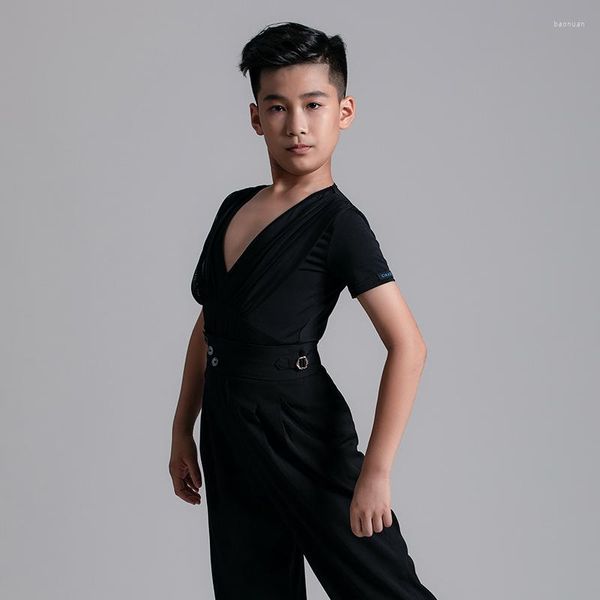 Sahne Giyim Latin Dans Giysileri Erkek Yaz Eğitimi V Yastık Kısa Kollu Üstler Chacha Rumba Tango DN12304