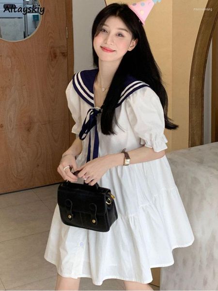 Vestidos casuais estilo preppy mini brancos mulheres marinheiro colar doce estudantes de moda coreana verão All-Match A-line vestidos mujer