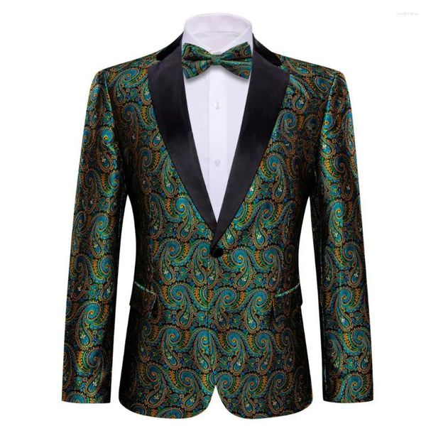 Abiti da uomo Designer Uomo Verde Oro Paisley Blazer di seta Papillon Set Slim Fit Giacca maschile Cappotto Abito da sposa Barry.Wang