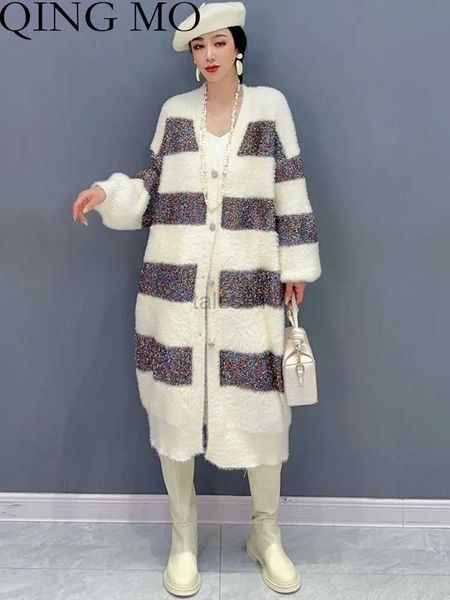 Kadın Sweaters Qing Mo 2023 Sonbahar Kış Yeni Çizgili Peluş Örme Kazak Kazak Palto Kadınlar Traend Uzun Gevşek Ceket ZXF3814 ZLN231111