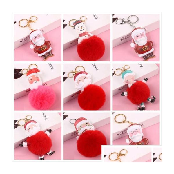 12 Stile Festlicher großer roter Weihnachtsmann Flauschiger Schlüsselanhänger Kunstkaninchenfell Ball Pom Pon Schlüsselanhänger Frauen Tasche Ring Drop Lieferung DHYHF