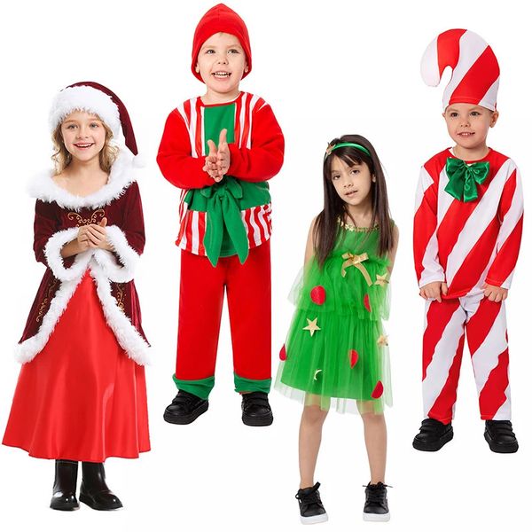 Conjuntos de roupas 2024 ano crianças natal cosplay traje papai noel bebê xmas outfit conjunto vestido meninos meninas família festa conjunto com chapéu vermelho 231110