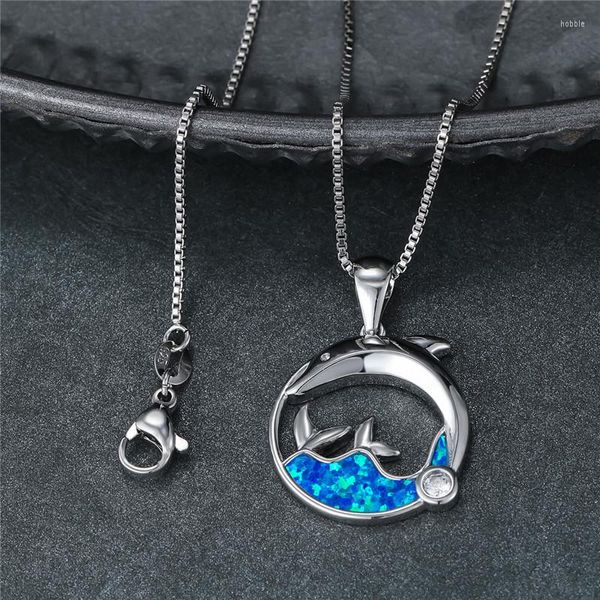 Anhänger Halsketten Blau Opal Welle Wal Schwanz Halskette Weiblichen Zierlichen Delphin Klassische Silber Farbe Kette Für Frauen Schmuck