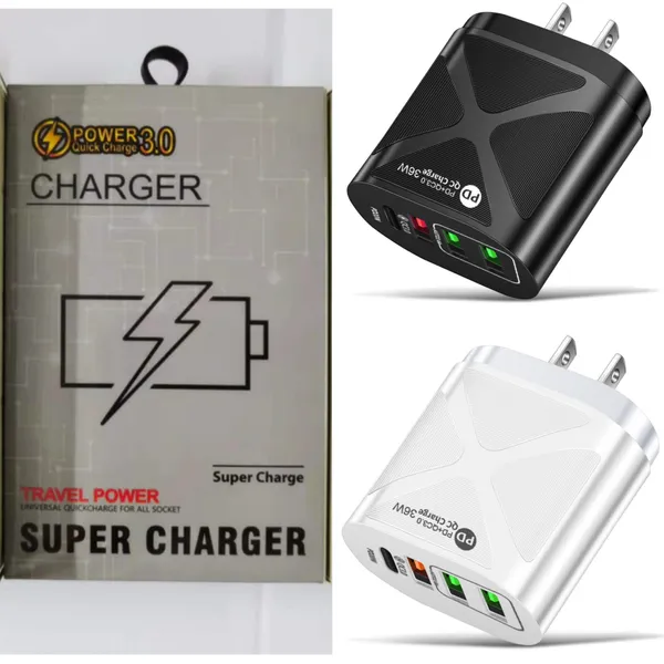 4 Porta carregador de carga rápida 36w USB Tipo C Quick Charge 3.0 PD Adaptadores de telefone de Iluminação LED para iPhone 13 Pro Samsung S21 Ultra Plug com caixa