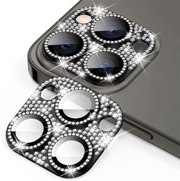 Glitter Rhinestone Camera Lens Screen Protector Capa para iPhone 14 13 12 11 Filme Pro Max Metal Metal Ring para Apple 13 12 11Pro 14