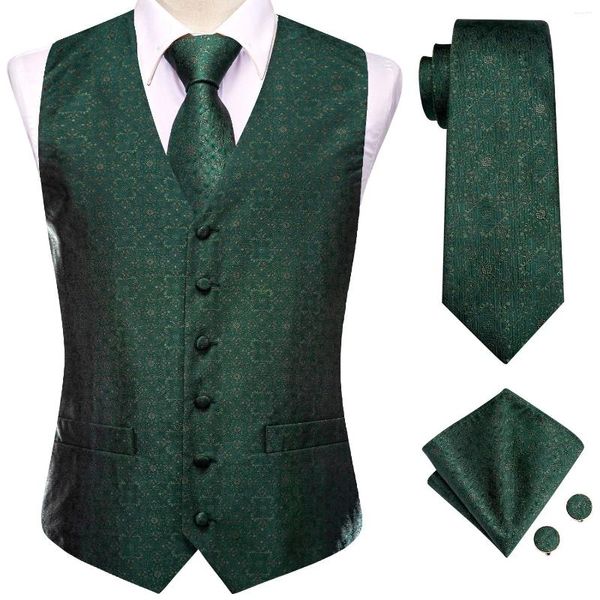 Gilet da uomo Verde scuro Gilet da uomo Seta Paisley Jacquard Cravatta Fazzoletto Gemelli Abito senza maniche Gilet Set Business Designer Hi-Tie