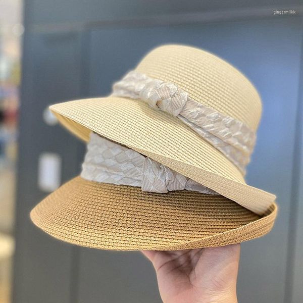 Cappelli a tesa larga Cappello da sole estivo pieghevole per donna Elegante arco Hepburn Style Holiday Floppy Straw Ladies Temperament Beach