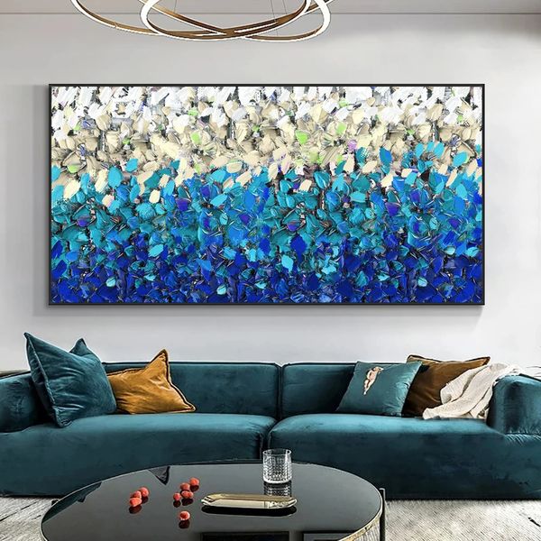 Gemälde Abstrakt Blau Creme Weiß 100 % handgemaltes Ölgemälde auf Leinwand Dickes Spachtelgemälde Wandkunst für Heimdekoration 231110